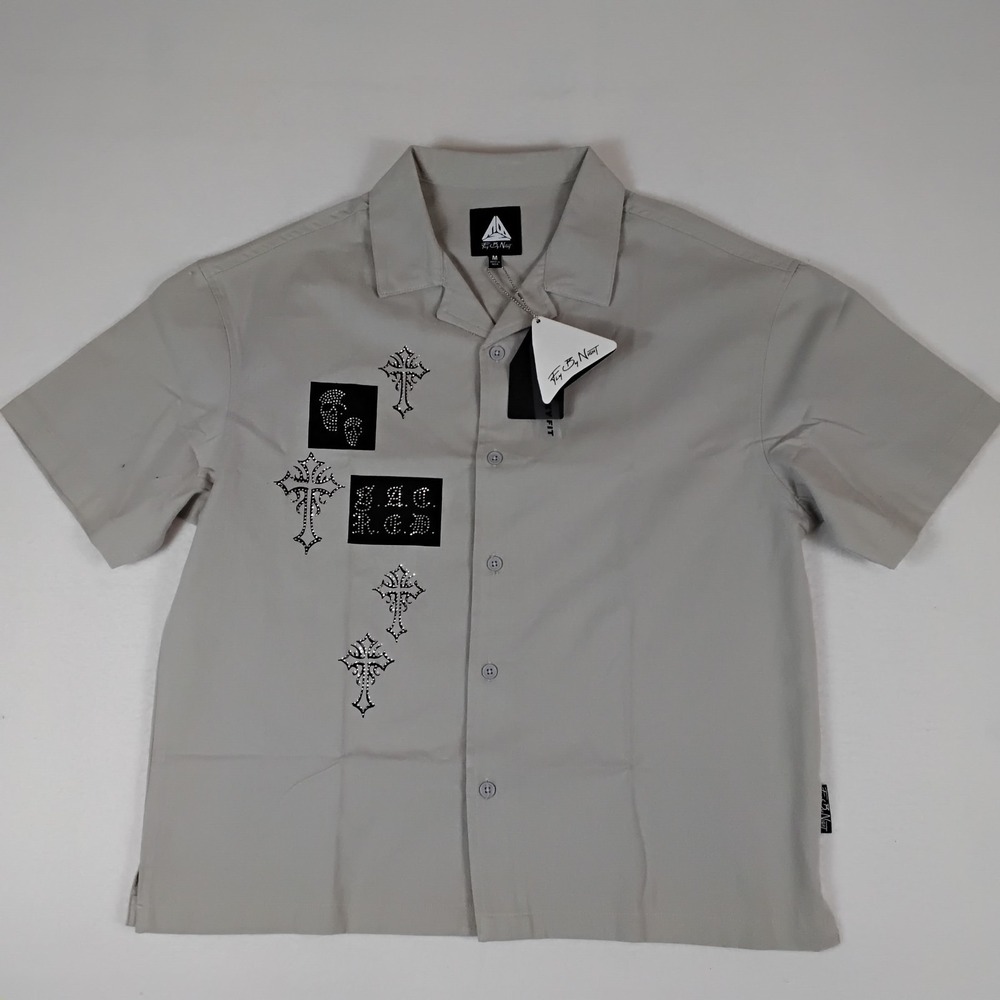 Fly By Night Rhinestone Cross Camp Collar Shirt Mens L Sacred Skull Gray NWT